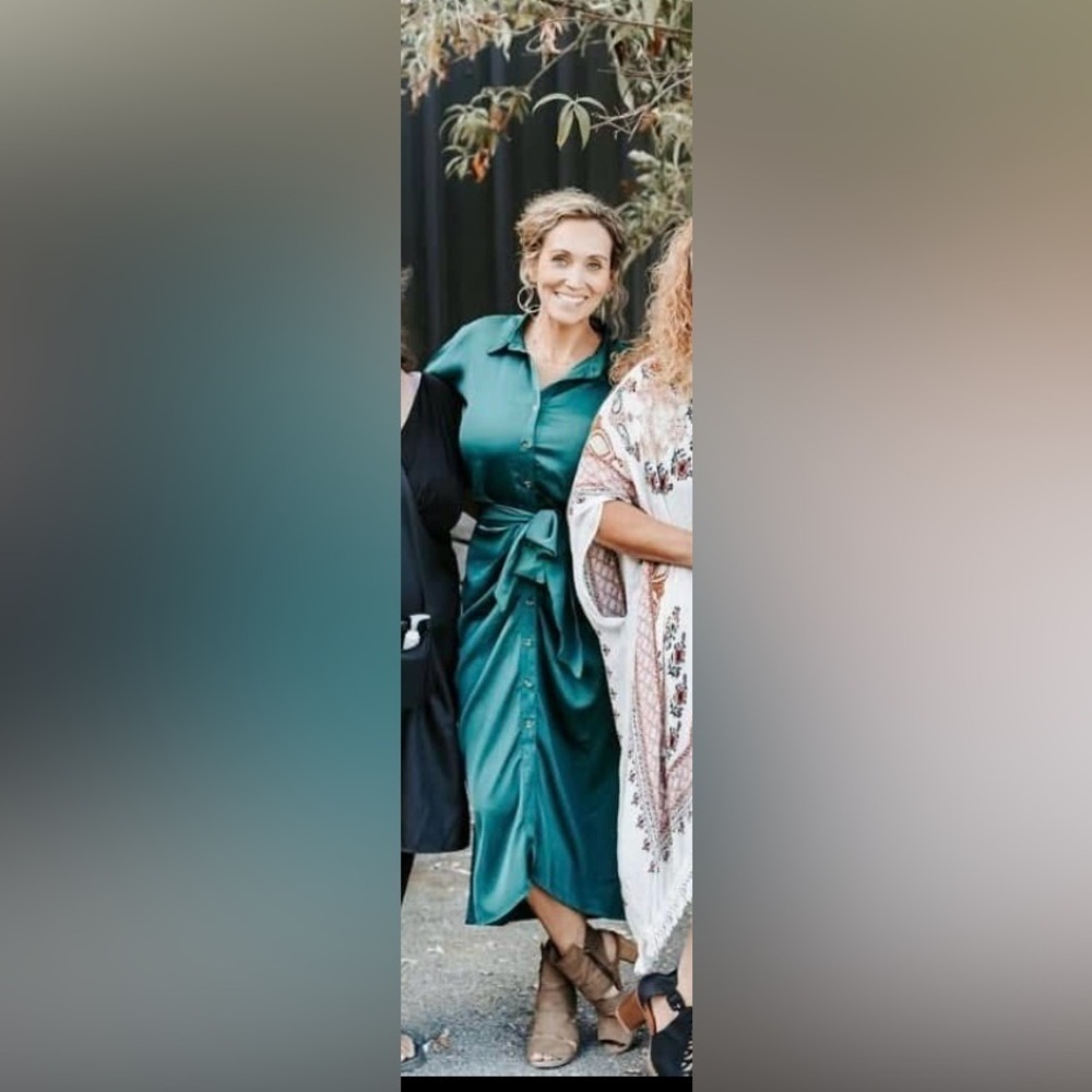 BTFBM Jade Green Button-Front Midi Dress Medium Ruched Waist Tie Belt Feminine